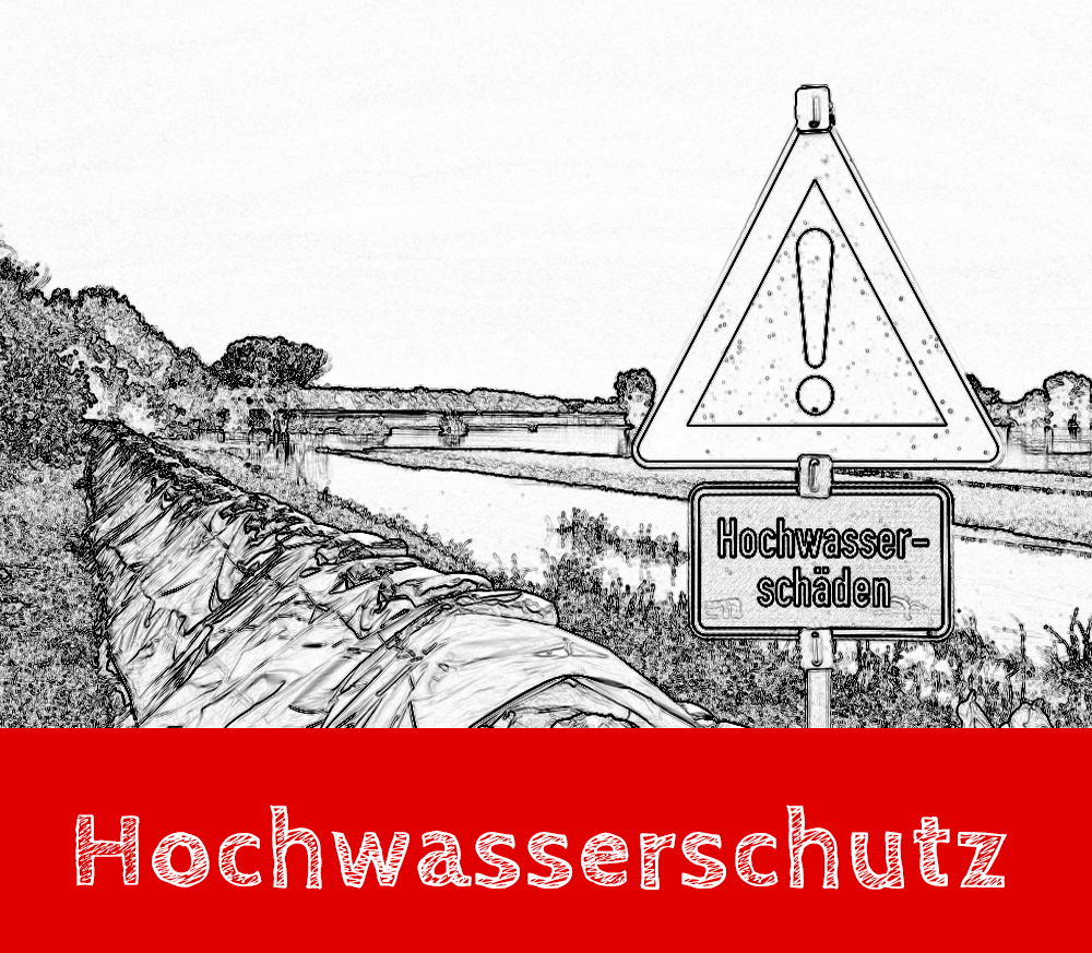 Handgezeichneter Hochwasserschutz mit Beschriftung